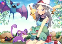 1girl bare_shoulders blue_shirt blue_sky blue_socks blush breasts bulbasaur closed_mouth cloud commentary_request commission day fangs gen_1_pokemon grey_eyes grey_hair hat highres kabuto_(pokemon) kou_hiyoyo leaf_(pokemon) long_hair medium_breasts nintendo on_lap outdoors parted_bangs pikachu pixiv_commission pleated_skirt pokemon pokemon_(creature) pokemon_frlg purple_eyes rattata red_eyes red_skirt shirt shoes sitting skirt sky sleeveless sleeveless_shirt smile socks wariza weedle white_hat white_shoes zubat