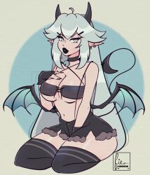 1girl ahoge artist_name bad_id bad_twitter_id bare_arms bell between_legs black_choker black_gloves black_horns black_lips black_nails black_shorts black_thighhighs blue_background blue_eyes breasts choker chromatic_aberration cleavage commentary cresscin criss-cross_halter cross-laced_slit cutoffs demon_horns demon_wings denim denim_shorts ear_piercing english_commentary eyelashes fingerless_gloves full_body fur-tipped_tail gloves hair_between_eyes hair_ornament hairpin halterneck hand_between_legs hand_on_own_chest heart highres horns indie_virtual_youtuber large_breasts lips long_hair low_wings navel neck_bell no_pupils parted_lips piercing pointy_ears scanlines seiza short_shorts shorts sidelocks signature sitting solo stomach suspender_shorts suspenders thick_thighs thighhighs thighs two-tone_background underboob vei_(vtuber) vei_(vtuber)_(9th_costume) very_long_hair virtual_youtuber watermark white_hair wings