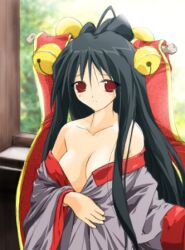 1girl 2000s_(style) bad_id bell black_hair blush breasts cleavage closed_mouth commentary_request frown grey_hanbok hair_bell hair_ornament hair_stick hanbok indoors jingle_bell korean_clothes long_hair looking_at_viewer lowres medium_breasts off_shoulder ragnarok_online red_eyes sohee solo tokita upper_body window