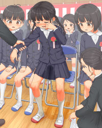 absurdres black_hair black_jacket black_skirt blazer braid breasts chair closed_eyes folding_chair grabbing_another&#039;s_arm highres indoors jacket kneehighs layered_sleeves loli long_sleeves miniskirt multiple_boys multiple_girls open_mouth original pee peeing peeing_self pleated_skirt school_uniform shirt shoes skirt small_breasts socks textless_version translation_request twin_braids uwabaki wet wet_clothes wet_skirt white_shirt white_socks yawamugi