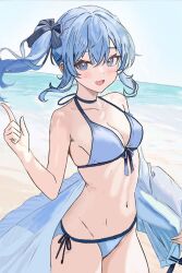 1girl :d beach bikini blue_bikini blue_choker blue_eyes blue_hair breasts choker cleavage collarbone floating_hair hair_ribbon hand_up hololive hoshimachi_suisei index_finger_raised looking_at_viewer medium_breasts navel ocean off_shoulder open_mouth ribbon rui_oekakii shirt side_ponytail sky smile solo stomach swimsuit virtual_youtuber white_shirt