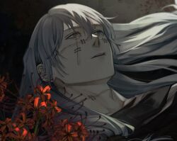 1boy adam&#039;s_apple black_shirt blue_eyes commentary_request cursed_spirit_(jujutsu_kaisen) eyelashes floating_hair flower hair_between_eyes heterochromia jujutsu_kaisen mahito_(jujutsu_kaisen) male_focus mim_(mimya0600) parted_lips red_flower shirt solo spider_lily stitched_face stitched_neck stitches teeth upper_teeth_only yellow_eyes