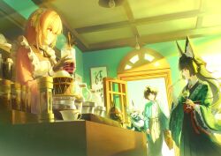 1boy 3girls absurdres animal_ear_fluff animal_ears asaba_harumasa black_gloves black_hair blue_oni blue_skin blunt_bangs cafe colored_skin cup eating fan8115933 fox_ears fox_girl gloves green_kimono green_sailor_collar hair_between_eyes hair_between_horns highres holding holding_cup horns hoshimi_miyabi indoors japanese_clothes kimono long_hair long_sleeves maid multicolored_horns multiple_girls obi oni pink_hair pink_kimono red_eyes sailor_collar sash short_hair smile soukaku_(zenless_zone_zero) tsukishiro_yanagi two-tone_horns wa_maid white_hair white_headdress wide_sleeves yellow_eyes zenless_zone_zero