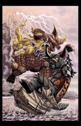 antennae bug building claws cliff compound_eyes destruction drill electricity energy falling floppy_ears forest full_body gem_on_head giant giant_monster glowing glowing_eyes godzilla_(series) godzilla_vs._mechagodzilla godzilla_vs._megalon_(1973) highres horns jeff_zornow kaiju king_caesar_(godzilla) lightning lion mandibles megalon monster nature no_humans no_pupils open_mouth red_eyes sharp_teeth ship single_horn splashing tail teeth toho tree water watercraft waves yellow_eyes