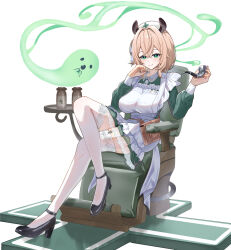 1girl absurdres animal_ears apron blonde_hair crossed_legs dress green_dress green_eyes hat high_heels highres holding holding_smoking_pipe indie_virtual_youtuber name_tag naplings_(nimi_nightmare) nimi_nightmare nurse nurse_cap one_side_up satoti_chang sitting smoking_pipe solo tapir_ears tapir_girl thighhighs virtual_youtuber white_apron white_background white_thighhighs