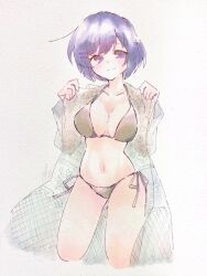1girl :3 artist_name bikini blush bob_cut breasts cleavage closed_mouth collarbone commentary grey_one-piece_swimsuit grey_robe hair_ornament hairclip hanekawa_tsubasa highres kneeling large_breasts light_smile looking_at_viewer loose_hair_strand midriff monogatari_(series) navel one-piece_swimsuit open_clothes open_robe opened_by_self paper_texture purple_eyes purple_hair robe see-through_robe short_hair side-tie_bikini_bottom signature simple_background smile solo swimsuit taste_colorful w_arms white_background