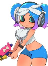 Rule 34 | 1girl, bike shorts, blue bike shorts, blue hair, blush, breasts, cosplay, dark skin, gradient hair, green eyes, gun, headphones, headscarf, holding, holding gun, holding weapon, jewelry, large breasts, long hair, looking at viewer, marina (dj hyperfresh) (splatoon), marina (splatoon), marina (splatoon) (cosplay), midriff, miyazero, multicolored hair, navel, necklace, nintendo, octoling, octoling girl, octoling player character, octopus girl, purple hair, shirt, sleeveless, sleeveless shirt, smile, splatoon (series), splattershot (splatoon), standing, tentacle hair, thick thighs, thighs, twintails, two-tone hair, weapon, white background, white shirt, wide hips, wristband