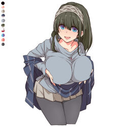 1girl black_hair blue_eyes blue_sweater breast_lift breasts brown_skirt color_guide commentary_request grabbing_own_breast hairband idolmaster idolmaster_cinderella_girls jewelry large_breasts leaning_forward long_hair looking_at_viewer miniskirt necklace open_mouth out_of_character pantyhose sagisawa_fumika shawl simple_background skirt solo sweater tareme toriga_naku white_background