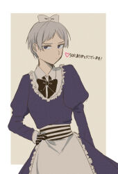 1girl apron axis_powers_hetalia belarus_(hetalia) black_bow black_bowtie black_gloves border bow bowtie closed_mouth collared_dress commentary_request cowboy_shot dress frills gloves grey_background grey_hair hair_bow hand_on_own_hip heart highres juliet_sleeves kiri_no1020 long_sleeves looking_at_viewer outside_border puffy_sleeves purple_dress purple_eyes short_hair simple_background solo standing v-shaped_eyebrows very_short_hair white_apron white_border white_bow
