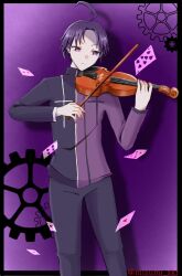 1boy ahoge alicein_misono card highres holding holding_instrument holding_violin instrument male_focus music pants playing_instrument purple_background purple_eyes purple_hair purple_pants servamp short_hair user_vssn3223 violin