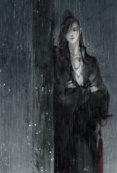 1boy bare_tree black_hair black_hanfu chinese_clothes closed_mouth collarbone crossed_arms faux_traditional_media flute flute_tassel grey_eyes hair_ribbon hanfu high_ponytail ink_wash_painting instrument kcllzas163 long_hair long_sleeves looking_at_viewer male_focus modao_zushi night outdoors ponytail rain red_ribbon ribbon robe solo standing tassel third-party_source tree wei_wuxian wide_sleeves