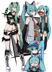 2025_hatsune_miku_look-alike_contest 3girls :/ absurdres alternate_costume animal_ear_headphones animal_ears aqua_eyes aqua_hair arm_tattoo arm_warmers belt black_arm_warmers black_shirt black_shorts black_skirt blue_dress blue_hat bow bright_pupils cat_ear_headphones character_doll character_print commentary cropped_shirt diagonal-striped_bow dress eyelashes fake_animal_ears gir_(dog_costume) green_arm_warmers green_hair grey_shirt hand_puppet hand_up hat hatsune_miku headphones highres invader_zim kekel looking_at_viewer mcdonald&#039;s mesmerizer_(vocaloid) multiple_girls navel necktie off-shoulder_shirt off_shoulder pantyhose pleated_skirt puppet red_bow red_necktie shirt shorts simple_background single_arm_warmer skirt sleeveless sleeveless_shirt striped_arm_warmers striped_clothes striped_shirt stuffed_toy tattoo thighs tie_clip torn_clothes torn_pantyhose vertical-striped_clothes vertical-striped_shirt visor_cap vocaloid white_background white_belt white_bow white_pupils