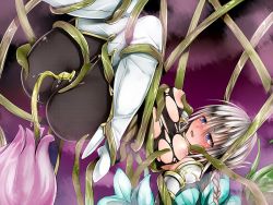 1girl 73gou_koudou bdsm blue_eyes blush bondage bound braid breasts cameltoe female_focus flower game_cg grabbing_another&#039;s_breast grey_hair groping high_heels kappamaru lilitales nipples open_mouth plant restrained solo suspension sweat tentacles tongue top-down_bottom-up torn_clothes