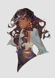 Rule 34 | 1girl, black bodysuit, bodysuit, brown eyes, brown hair, centurion (reverse:1999), chain, clothing cutout, commentary, cropped jacket, cropped torso, dark-skinned female, dark skin, earrings, elodeas, grey hair, highres, jacket, jewelry, long hair, long sleeves, multicolored hair, open mouth, reverse:1999, side cutout, signature, smile, solo, streaked hair, upper body, white jacket
