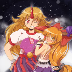 2girls alcohol blunt_bangs blush bow breasts female_focus flx gourd hair_between_eyes hair_bow horn_ornament horn_ribbon horns hoshiguma_yuugi ibuki_suika large_breasts long_hair looking_at_viewer multiple_girls one_eye_closed red_eyes ribbon sake saliva shirt single_horn sleeveless smile snow t-shirt tongue touhou wink