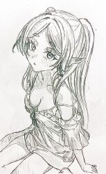 1girl absurdres alternate_costume blush bow bra breasts collarbone commentary_request earrings eyelashes frieren from_above greyscale highres jewelry kaatan long_hair looking_at_viewer looking_up medium_breasts monochrome off-shoulder_shirt off_shoulder parted_lips shirt shirt_bow short_sleeves sidelocks sitting solo sousou_no_frieren strap_slip teardrop_earrings traditional_media twintails underwear wariza