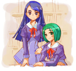 00s 2girls akimoto_komachi blue_eyes blue_hair blush breasts closed_mouth frown green_eyes green_hair hand_on_table light_smile long_hair medium_breasts minazuki_karen multiple_girls okome_rice parted_bangs precure purple_skirt school_uniform serafuku short_hair skirt standing yes!_precure_5