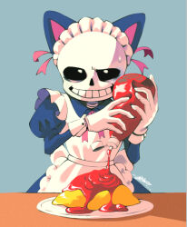 1boy alternate_costume blue_background bottle food grin highres holding holding_bottle ketchup ketchup_bottle maid male_focus sakekuzu_no_ame sans_(undertale) skeleton smile solo sweat teeth twitter_username undertale upper_body