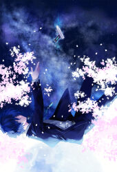 1boy black_jacket black_pants blazer blue_hair blue_sky cherry_blossoms covered_eyes digital_media_player dress_shirt evoker facing_to_the_side falling falling_petals gun hair_over_eyes highres jacket lanyard looking_up male_focus midair open_clothes open_hand open_jacket open_mouth pants persona persona_3 petals school_uniform shirt sky space star_(sky) tsukitaka two-tone_background weapon white_shirt yuuki_makoto_(persona_3)