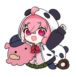 1girl :d ahoge animal animal_ears animal_hood arm_up ball baseball_(object) baseball_bat baseball_cap baseball_glove black_hat blush_stickers bow chibi clenched_hands collared_shirt commentary dress_shirt fake_animal_ears green_nails green_skirt hair_between_eyes hair_ornament hairclip hat highres hood hood_up hooded_jacket jacket long_sleeves multicolored_hair nail_polish nijisanji nozo_(hitomiz) open_clothes open_jacket open_mouth panda panda_ears panda_hood pink_hair pink_shirt plaid_clothes plaid_skirt pleated_skirt puffy_long_sleeves puffy_sleeves purple_eyes red_bow sasaki_saku sasaki_saku_(1st_costume) shirt simple_background skirt sleeves_past_wrists smile solo streaked_hair thick_eyebrows virtual_youtuber white_background white_jacket