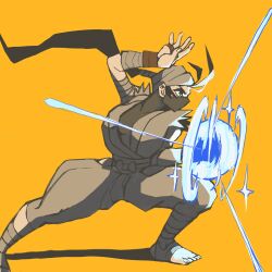 antenna_hair bandaged_arm bandages bandana barefoot black_hair bow clothing_cutout energy energy_ball fingerless_gloves gloves glowing hip_vent ibuki_(street_fighter) mask multicolored_hair ninja orange_background ponytail sparkle streaked_hair street_fighter street_fighter_iii_(series) torn_clothes torn_sleeves waist_bow