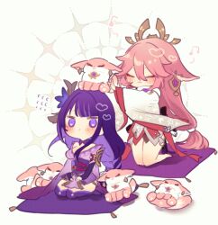 2girls absurdres animal animal_ear_piercing animalization armor asymmetrical_sleeves bare_shoulders blue_pupils blunt_bangs blush braid breasts bridal_gauntlets cleavage closed_eyes couple fox fox_girl genshin_impact gradient_hair hair_between_eyes hair_ornament headpiece highres japanese_clothes kimono large_breasts long_braid long_hair long_sleeves low-tied_long_hair mole mole_under_eye multicolored_eyes multicolored_hair multiple_girls neck_ribbon noir39 off_shoulder on_floor person_and_animalization pillow pink_hair purple_hair purple_kimono purple_thighhighs raiden_shogun red_ribbon red_sash ribbon sash seiza shade shadow shoulder_armor single_braid sitting smug thighhighs uneven_sleeves wavy_hair white_background wide_sleeves yae_miko yae_miko_(fox) yuri