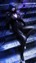 1girl absurdres alternate_costume black_cloak black_dress black_halo blue_eyes blue_hair breasts chronopattern_dress cleavage cloak dress halo high_heels highres hololive hololive_english large_breasts long_hair looking_at_viewer meme_attire ouro_kronii sitting solo stairs steb virtual_youtuber