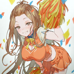 Rule 34 | 1girl, blush, breasts, brown eyes, brown hair, cheerleader, cleavage cutout, clothing cutout, commission, confetti, crop top, hand up, highres, holding, holding pom poms, large breasts, leaning forward, long hair, looking at viewer, midriff, orange shirt, orange skirt, original, pom pom (cheerleading), pom poms, shirt, short sleeves, skeb commission, skirt, smile, smirk, solo, yutsumoe