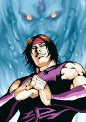 Rule 34 | brown eyes, brown hair, closed mouth, glowing, glowing eyes, headband, highres, lips, live a live, male focus, minagawa ryouji, odie obright, sleeveless, smile, takahara masaru