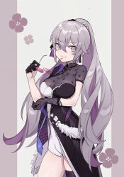 1girl asymmetrical_gloves black_dress black_gloves black_thighhighs breasts bronya_zaychik bronya_zaychik_(heart_of_the_night) bronya_zaychik_(silverwing:_n-ex) china_dress chinese_clothes cleavage dress floral_background gloves grey_hair hair_between_eyes highres holding holding_removed_eyewear honkai_(series) honkai_impact_3rd large_breasts long_hair looking_at_viewer see-through_clothes see-through_cleavage single_thighhigh smile solo thighhighs thighs unworn_eyewear yu_xiu