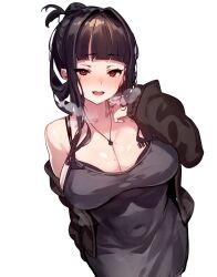 1girl barcode barcode_tattoo black_bra black_hair blunt_bangs blush bra bra_peek breast_tattoo breasts butterfly_tattoo cleavage commentary_request d_(killer_wife)_(nikke) d_(nikke) dongtan_dress dress goddess_of_victory:_nikke heart heart_necklace heavy_breathing highres jewelry large_breasts long_hair meme_attire necklace open_mouth pencil_dress red_eyes shiokonbu solo sweat tattoo underwear