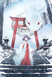 animal chihaya_(clothing) closed_mouth hakama hakama_skirt japanese_clothes long_sleeves looking_at_viewer medium_hair miko original outdoors oversized_animal purple_hair red_hakama red_skirt skirt smile snake snow soujirou stairs standing stone_lantern torii tree white_snake wide_shot wide_sleeves winter