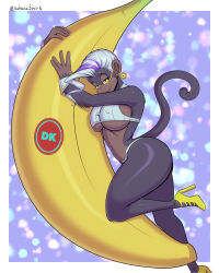 1girl ass banana bikini breasts covered_erect_nipples donkey_kong_(series) donkey_kong_bananza earrings female_focus food fruit full_body furry furry_female glasses high_heels highres jewelry katanasmirk large_breasts looking_at_viewer monkey_girl multicolored_hair navel poppy_kong short_hair solo streaked_hair swimsuit tail thick_thighs thighs underboob wrist_cuffs