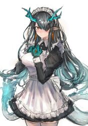 1girl absurdres alternate_costume apron aqua_hair aqua_skin arknights black_dress black_hair blush breasts closed_mouth colored_extremities colored_skin commentary cowboy_shot dress dusk_(arknights) earrings eastern_dragon_horns eastern_dragon_tail embarrassed enmaided fire flame-tipped_tail frilled_dress frills hair_over_one_eye hands_on_own_chest highres jewelry juliet_sleeves long_hair long_sleeves looking_at_viewer maid maid_apron maid_headdress medium_breasts multicolored_hair multicolored_skin pointy_ears puffy_sleeves red_eyes sakutein_oekaki simple_background sketch solo standing streaked_hair tail tassel tassel_earrings thighhighs twitter_username two-tone_hair v-shaped_eyebrows white_apron white_background white_thighhighs wrist_cuffs zettai_ryouiki