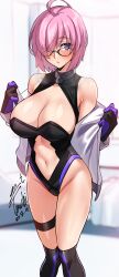 Rule 34 | 1girl, absurdres, bare shoulders, black-framed eyewear, black gloves, black leotard, blue gloves, blurry, blurry background, blush, breasts, cleavage, clothing cutout, commentary request, covered collarbone, dated, fate/grand order, fate (series), feet out of frame, glasses, gloves, hair over one eye, highres, indoors, large breasts, leotard, looking at viewer, mash kyrielight, mash kyrielight (demi-servant), navel, navel cutout, open mouth, opened by self, pink hair, purple eyes, shirt, short hair, signature, solo, standing, stomach cutout, thigh strap, thighs, two-tone gloves, white shirt, yoo tenchi