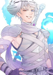 1boy absurdres armor assassin_(ragnarok_online) bandages bandages_over_clothes blue_eyes blue_fire commentary english_commentary fingerless_gloves fire fox_mask gloves green_scarf grey_hair grey_shirt grin heterochromia highres looking_at_viewer male_focus mask mask_on_head noxxia39 orange_eyes pauldrons ragnarok_online scarf shirt short_hair shoulder_armor simple_background sleeveless sleeveless_shirt smile solo upper_body white_background