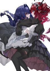2girls absurdres apron black_dress black_thighhighs blue_eyes blue_hair braid commentary demon_horns detached_wings double_halo dress english_commentary frilled_hairband frills hair_intakes hairband halo highres hololive hololive_english horns hug irys_(hololive) irys_(maid)_(hololive) juliet_sleeves long_skirt long_sleeves looking_at_another low_twin_braids maid maid_apron multiple_girls official_alternate_costume ouro_kronii ouro_kronii_(maid) pink_hair pointy_ears puffy_sleeves simple_background skirt thighhighs trap_(drthumt) twin_braids virtual_youtuber white_apron white_background white_thighhighs wings yuri