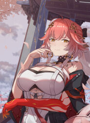 Rule 34 | absurdres, bare shoulders, black collar, black jacket, body markings, braid, breasts, bright pupils, changli (wuthering waves), cleavage, closed mouth, collar, colored extremities, commentary, english commentary, hair extensions, hair ornament, highres, jacket, large breasts, long hair, looking at viewer, multicolored hair, orange eyes, pink hair, red hands, ring hair extensions, shinkiro (1151886953), smile, tacet mark (wuthering waves), twin braids, two-tone hair, upper body, white hair, white pupils, wuthering waves