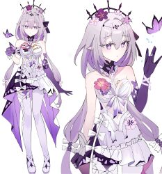 1girl absurdres asymmetrical_gloves black_tiara bug butterfly butterfly_on_hand castorice_(honkai:_star_rail) elbow_gloves flower flower_ornament gloves highres honkai:_star_rail honkai_(series) insect iren_lovel pointy_ears purple_butterfly purple_flower purple_gloves purple_hair purple_pupils single_elbow_glove solo tiara uneven_gloves