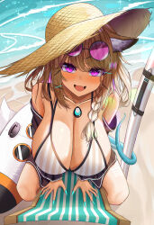 1girl absurdres arknights blonde_hair breasts cleavage eyewear_on_head fang highres jewelry large_breasts looking_at_viewer necklace outdoors purple_eyes skin_fang smile solo sunglasses utage_(arknights) utage_(summer_flowers)_(arknights) vailtred