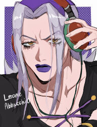 Rule 34 | 1boy, black shirt, character name, eyelashes, grey hair, halftone, halftone background, hand on headphones, headphones, highres, jewelry, jojo no kimyou na bouken, leone abbacchio, lipstick, long hair, looking at viewer, makeup, male focus, matubaru chan, pectoral cleavage, pectorals, portrait, purple background, purple lips, purple theme, shirt, solo, squinting, vento aureo