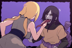 Rule 34 | 1boy, 1girl, anger vein, angry, black hair, blonde hair, breasts, large breasts, long hair, long sleeves, long tongue, makidsume, nail polish, naruto (classic), naruto (series), ninja, open mouth, orochimaru (naruto), purple background, red nails, sideboob, sleeveless, tongue, tongue out, tsunade (naruto), yellow eyes