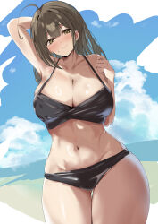 Rule 34 | 1girl, absurdres, ahoge, bikini, black bikini, black hair, blue sky, blush, breasts, carskey1120, cleavage, closed mouth, cloud, collarbone, commentary, cowboy shot, day, embarrassed, gluteal fold, groin, hashtag-only commentary, highres, idolmaster, idolmaster shiny colors, kuwayama chiyuki, large breasts, light frown, long hair, looking at viewer, navel, nose blush, outdoors, sky, solo, standing, string bikini, sweatdrop, swimsuit, thick thighs, thighs