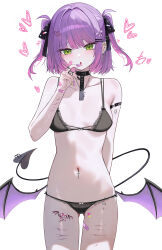 1girl =_hair_ornament absurdres arm_behind_back arm_strap bandaid bandaid_on_face barbell_piercing black_bra black_collar black_nails black_panties black_ribbon bow bra breasts collar commentary cowboy_shot cross cross_earrings cross_necklace demon_girl demon_tail demon_wings ear_piercing earclip earrings english_commentary gluteal_fold gradient_hair green_eyes green_nails hair_bow hair_ornament hair_ribbon hand_up heart heart_hair_ornament highres hololive industrial_piercing jewelry kkato lace lace-trimmed_bra lace-trimmed_panties lace_trim leg_tattoo lingerie low_wings medium_breasts multicolored_hair nail_polish navel navel_piercing necklace panties piercing pink_hair pointy_ears purple_hair purple_nails ribbon ring short_hair simple_background solo stomach straight-on tail tail_ornament tail_piercing tattoo thigh_cutting tokoyami_towa two_side_up underwear underwear_only virtual_youtuber white_background winged_heart_tattoo wings wrist_cutting