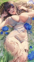 1girl absurdres bikini blue_flower blue_hair blue_rose blush braid breasts dress_flower earrings eyelashes flower goddess_of_victory:_nikke highres huge_breasts jewelry logo long_hair looking_at_viewer love_cacao low-braided_long_hair low-tied_long_hair lying mary_(bay_goddess)_(nikke) mary_(nikke) multicolored_hair official_art on_back parted_lips petals raised_eyebrows rose sand solo streaked_hair swimsuit thigh_strap thighlet water wet white_bikini