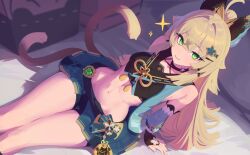 1girl absurdres animal_ears bare_shoulders blonde_hair breasts cat_ears cat_girl cat_tail daniel_deves genshin_impact green_eyes highres kirara_(genshin_impact) long_hair looking_at_viewer midriff multiple_tails navel nekomata ponytail sitting skirt smile solo sparkle tail thighs two_tails
