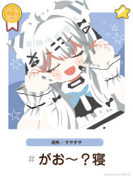 1girl :d absurdres ahoge animal_ears bandaid bandaid_on_cheek bandaid_on_face black_bow black_bowtie black_choker blue_background blue_bow blue_bowtie blush blush_stickers bow bowtie choker closed_eyes coin collar dot_nose dutch_angle earpiece emoji facing_viewer fake_screenshot grey_hair hair_between_eyes hair_bow hair_intakes hair_ornament hairclip hairpin hands_up highres long_hair maid maid_headdress mizuki_(vrchat) multiple_hair_bows multiple_hairpins open_mouth paw_pose ribbon sidelocks smile solo star_(symbol) tiger_ears tochisa_(tochisa513) twitter_username upper_body v-shaped_eyebrows vrchat white_hair white_wrist_cuffs wrist_cuffs x_hair_ornament