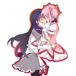 2girls akemi_homura akemi_homura_(magical_girl) black_hair black_hairband blush closed_eyes commentary dress english_commentary gloves grey_skirt hairband hand_on_another&#039;s_face highres kaname_madoka kaname_madoka_(magical_girl) kiss long_hair long_sleeves mahou_shoujo_madoka_magica mahou_shoujo_madoka_magica_(anime) multiple_girls pantyhose petticoat pink_dress pink_hair red_shoes shia0ri shirt shoes short_twintails simple_background skirt twintails white_background white_gloves white_pantyhose white_shirt yuri