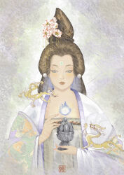 1girl absurdres banbi chinese_clothes dragon eastern_dragon flower hair_flower hair_ornament hanfu highres luo_ji_(hairstyle) original overfly1112 pale_color qixiong_ruqun solo upper_body yellow_dragon