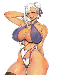1girl absurdres bikini breasts bun_cover fate/grand_order fate_(series) hair_bun hair_ribbon highres large_breasts minew miyamoto_musashi miyamoto_musashi_(fate) miyamoto_musashi_(fate/grand_order) miyamoto_musashi_(swimsuit_berserker)_(fate) miyamoto_musashi_(swimsuit_berserker)_(third_ascension)_(fate) multi-strapped_bikini_bottom ribbon single_side_bun smile solo swept_bangs swimsuit tan two-tone_swimsuit white_hair